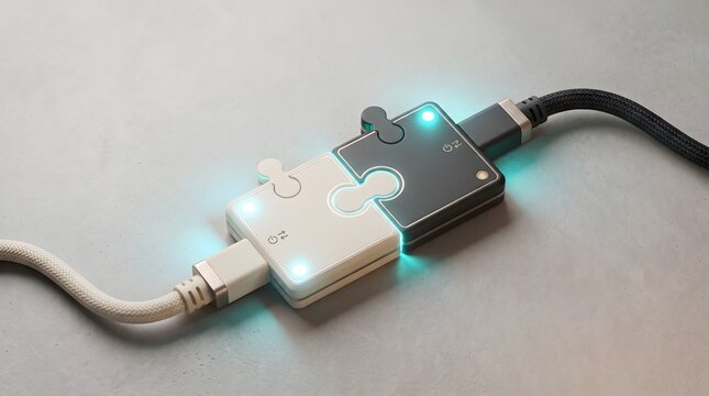 Puzzle piece USB adapters connected with glowing blue light