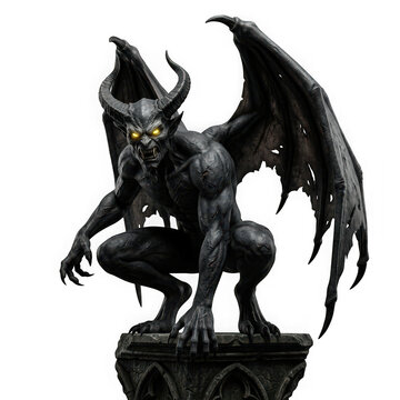 Gothic gargoyle demon perched on a stone pillar isolated on transparent background