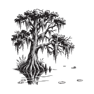 Old cypress tree with hanging moss in a swamp landscape