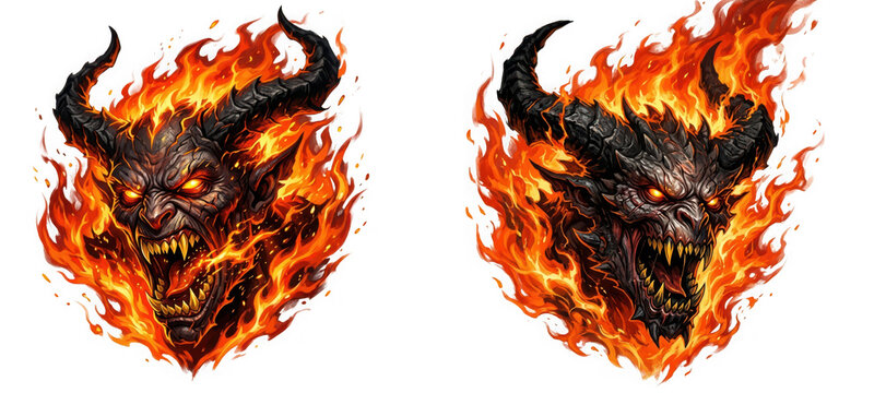 Fierce demon head engulfed in intense flames isolated on transparent background