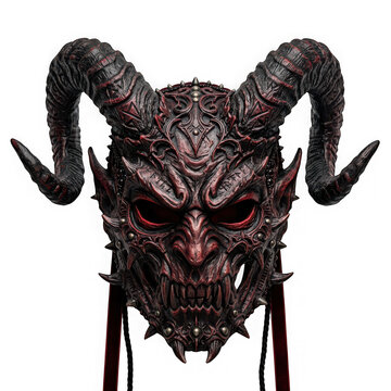 Detailed dark red demonic mask with large horns isolated on transparent background