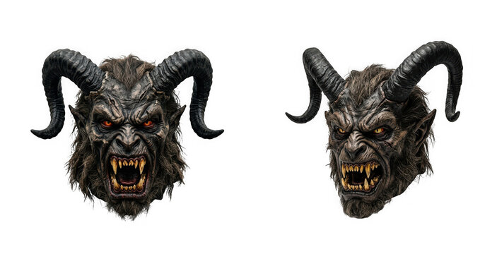 Two views of a scary horned demon mask isolated on transparent background