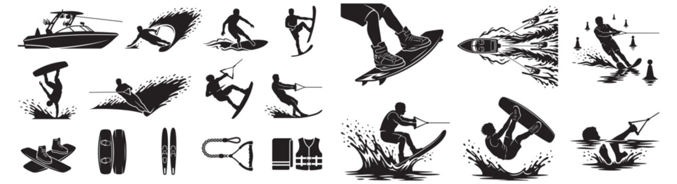 Wakeboarding and Watersports Icon Set With Boat, Wakeboarders, Skis and Safety Gear Silhouettes
