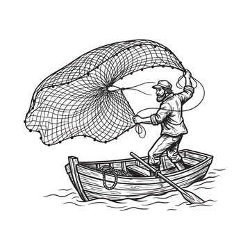 Fisherman throwing a fishing net from a small wooden boat