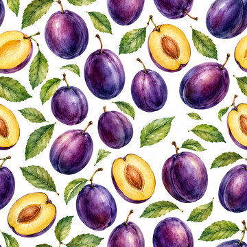 Seamless pattern with watercolor purple plums, slices and green leaves