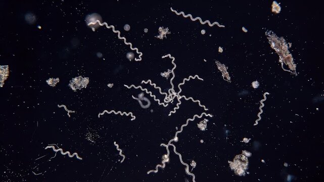 Lyme disease spirochetes floating in a liquid. Microscopic photo of a spirochete of Lyme disease bacteri. Lyme disease bacteria gather in one place in colonies surrounded by a biofilm.