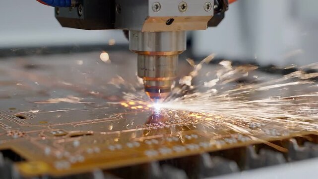 Industrial laser cutter processes electronic circuit board. Metal engraving machine automates manufacturing procedure. Precise technology for high speed component work.