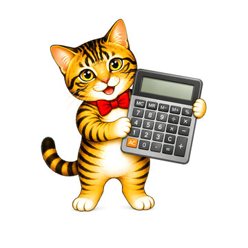 Cute Tabby Cat Holding a Calculator on White Background