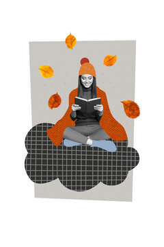 Composite trend artwork sketch image photo collage of illustration young lady student sit cloud read book outdoors weather autumn season