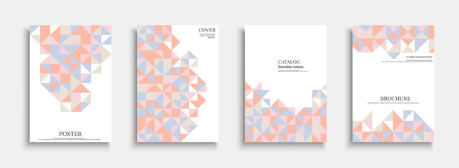 Collection of pastel posters with abstract mosaic geometric print. Minimalistic scandinavian vector brochures, banners and business corporate covers set with delicate triangle pattern shapes © ExpressVectors