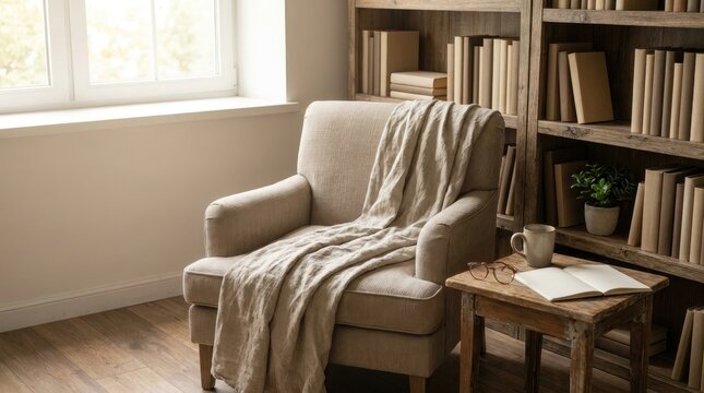 Cozy reading nook with armchair and bookshelves perfect as a warm and inviting back to school background for students