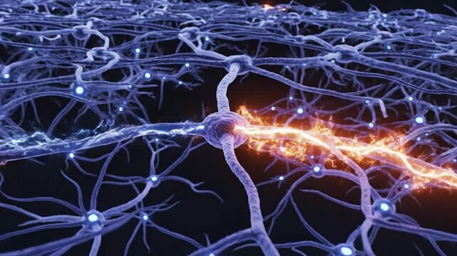 Microscopic view of neural network with electrical signals transmitting through synaptic pathways