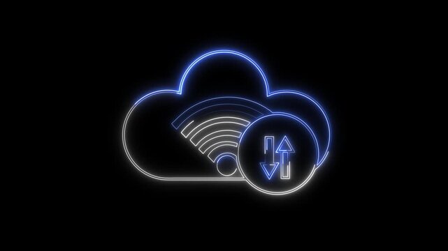 Cloud storage animation with green neon computing connection data icon. Cloud storage database server infrastructure. Cloud storage wireless network layout.
