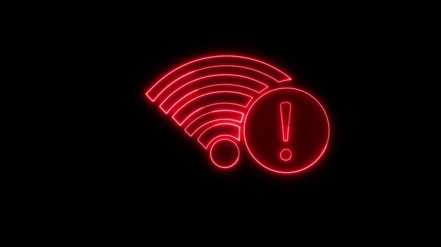 Wifi symbol animation with red neon warning exclamation mark alert. Wifi symbol wireless internet connectivity error icon. Wifi symbol security notice.
