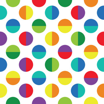Colorful rainbow split polka dot seamless pattern vector. Bright children background texture with geometric vibrant round circle shapes and abstract creative repeat segments for paper print