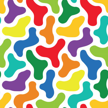 Bright children seamless pattern with colorful fluid blobs. Vector fun multicolor background with geometric abstract print and creative vibrant camouflage spots texture for design