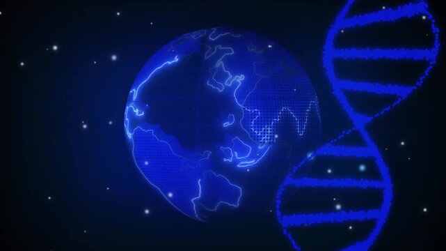 A luminous genetic technology graphic displays a rotating blue DNA helix. This genetic technology graphic represents bioengineering research medical science. Use this genetic technology graphic loop.