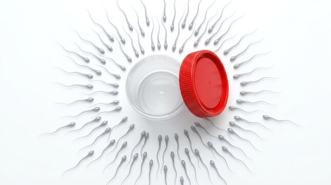 Sperm cells are arranged in a circular pattern around an empty laboratory sample vial with a red cap.