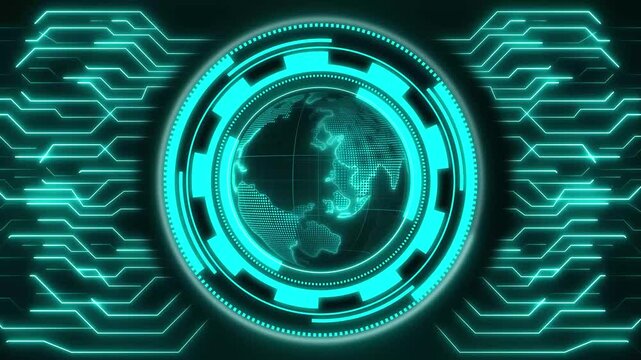 A complex digital HUD panel displays glowing cyan microchip circuitry paths. 