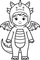 A charming child dressed in a cute dragon costume with wings, horn, and tail. This line art illustration is perfect for coloring books and creative projects.