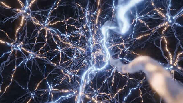 Microscopic view of neurons firing electrical impulses through a dense neural network