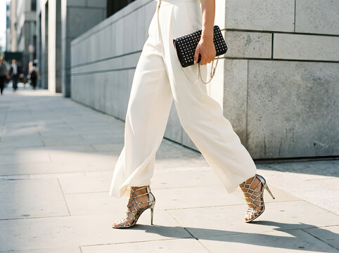 Stylish woman walking in city street. Fashionable lady wearing white trousers and heels.