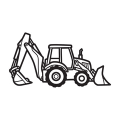 Naklejka premium A black and white of a construction backhoe loader, isolated on a white background, for industrial and, building site concepts