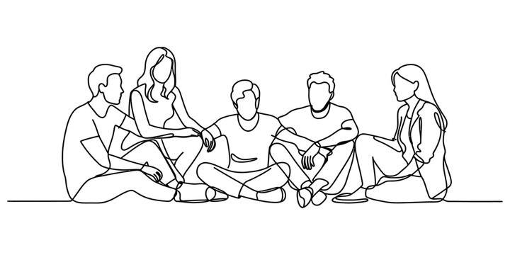 Group of young people sitting together as a team in a continuous one line drawing style