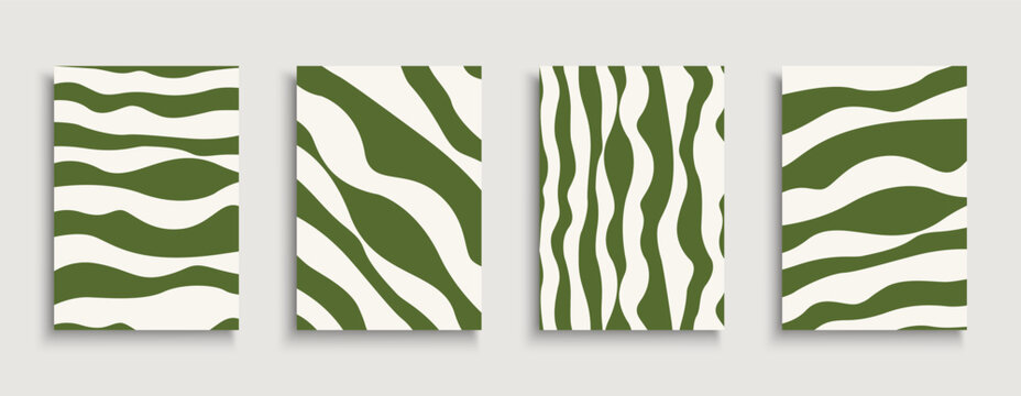 Modern olive green aesthetic wallpaper with curve fluid lines. Elegant cream wavy textures set and organic liquid pattern vectors for trendy interior print and abstract backgrounds