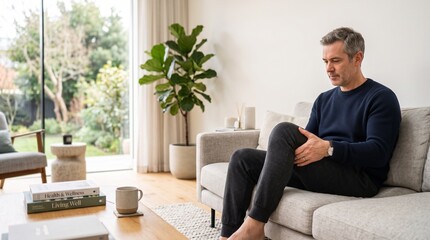 Fototapeta premium Middle aged man touching his painful knee while sitting on sofa at home
