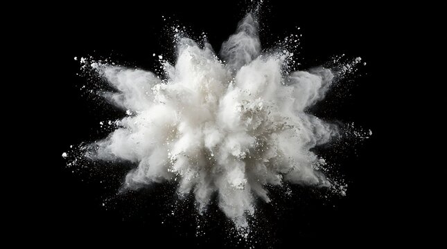 White powder explosion against black background dynamic abstract