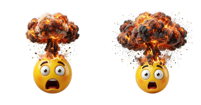 Shocked emoji with exploding head and mushroom cloud isolated on transparent background