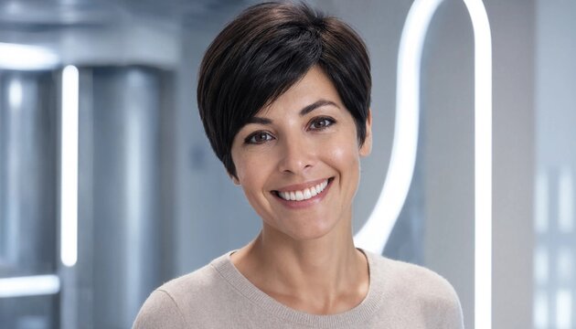Portrait of Smiling Confident Middle Aged Woman with Short Dark Pixie Haircut