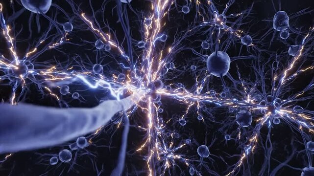 Microscopic view of neurons firing electrical signals through a complex neural network