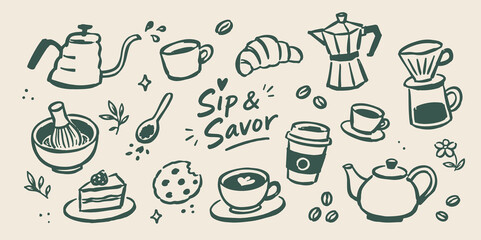 Obraz premium Coffee and Tea Doodle Vector Set Illustration