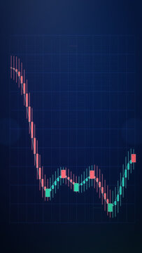 Vertical candlestick graph falls sharply before rebounding on a blue trading interface, creating a focused cinematic visual for finance ads, mobile content, and market reports.