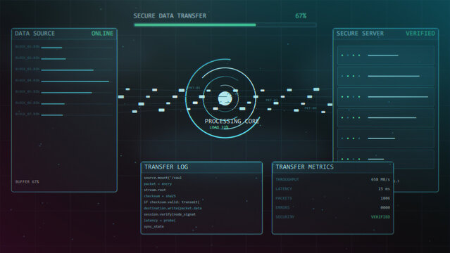 Secure data packets stream between source and verified server panels around a processing core, creating a cinematic HUD visual for cybersecurity and cloud marketing.