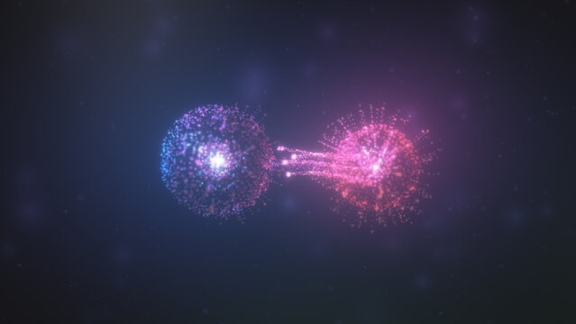Two luminous particle cells exchange infectious material in a dark microscopic environment, creating a cinematic biotech concept for medical marketing and research presentations.