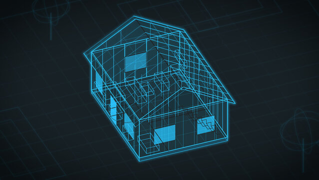 Glowing cyan wireframe house rotates within a dark digital blueprint grid, creating a futuristic cinematic architecture visual for real estate marketing and tech presentations.