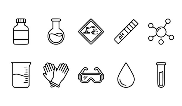 Chemistry Vector Icon Set with Acid Bottle Flask Beaker pH Test and Safety Equipment Line Illustration