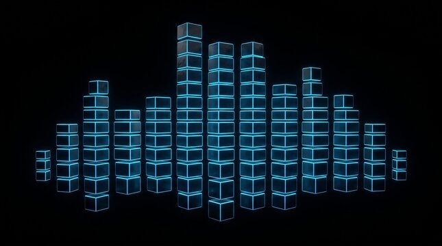 Futuristic glowing neon blue 3d audio equalizer visualizer bars made of wireframe blocks rendered against a dark black background ideal for electronic music production technology concept art.