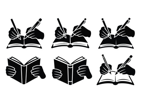 Collection of stylized illustrations depicting hands writing in open books and holding closed books