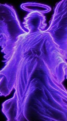 Fototapeta premium Neon purple angel silhouette with halo, perfect for mobile wallpaper.