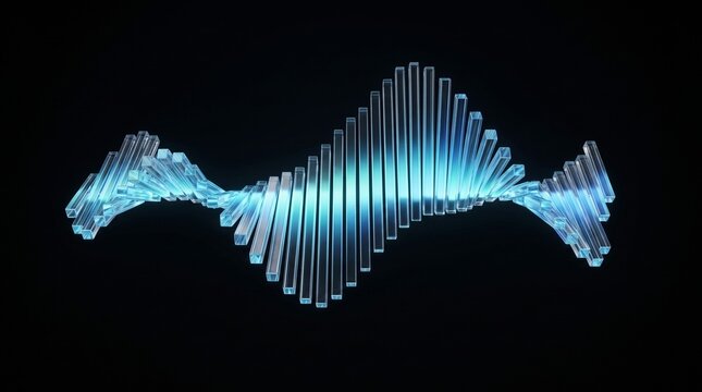 Glowing blue 3d glass bar audio equalizer wave on a black background, representing digital technology, sound visualizer, modern science data structure, and abstract creative design wallpaper.