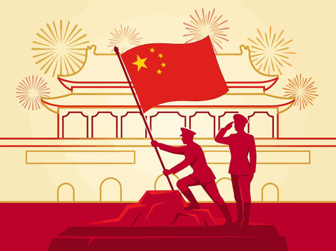 Chinese soldiers raising national flag. Military personnel saluting with patriotic pride.