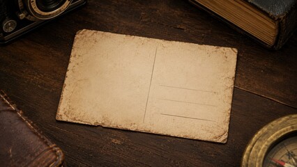 Fototapeta premium Vintage Empty Postcard On Rustic Wooden Table With Antique Camera Old Book And Compass