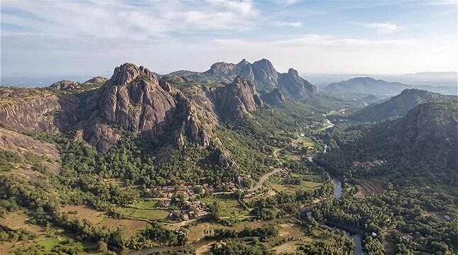 Aerial beautiful view of rocky hill mountain, Southern India.
