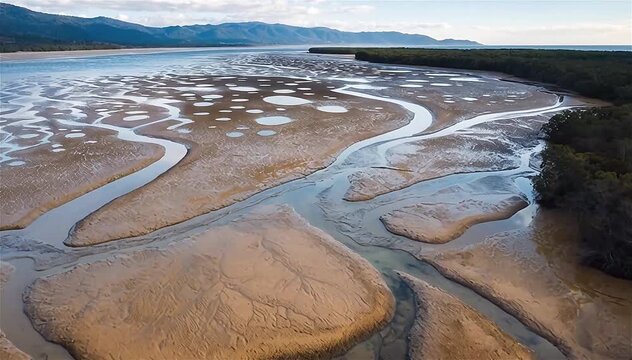 Aerial footage of mudflats Cungulla Beach, Townsville, North Queensland, Australia.
