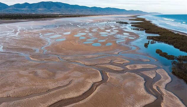 Aerial footage of mudflats Cungulla Beach, Townsville, North Queensland, Australia.
