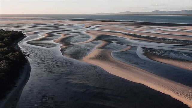 Aerial footage of mudflats Cungulla Beach, Townsville, North Queensland, Australia.
